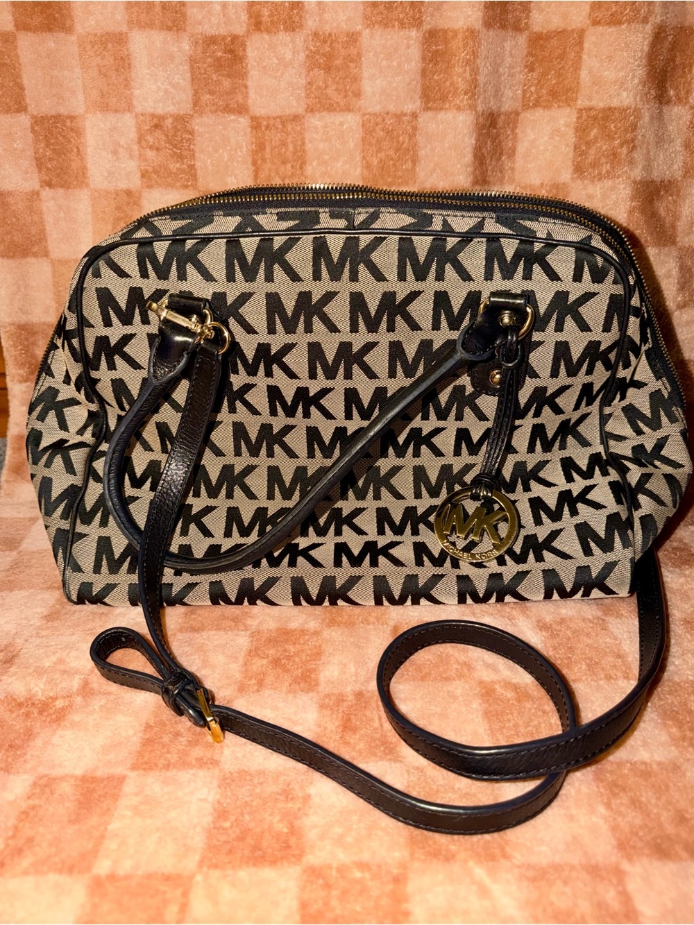 Michael Kors Black and Beige MK Logo Shoulder Bag